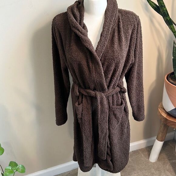 Mina Lisa Feather Knit Hooded Lounge Robe in Cocoa S - Picture 2 of 8
